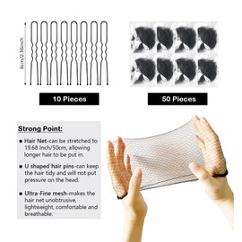 TonJin Invisible Hair Nets and U Shaped Hair Pins Set/Hair Bun Shaper Set with 50Pcs Elastic Edge Mesh Hair Nets and 10Pcs Positioning U Shaped Hair Pins for Women Hair Bun(Black)