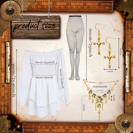 7 Pcs Women Pirate Costume Blouse Top Corset Waist Belt Pirate Bandana Waist Belt Skeleton Necklace Earrings Fishnet Stocking