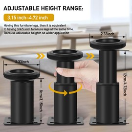 XUUHOOG 4-Piece Black Metal Cylinder Bed Leg, 3.15-4.72 Inch, Adjustable Height (3.15-12.2 Inch), Heavy Duty, Multi-Purpose for Beds, Cabinets, Tables, etc.