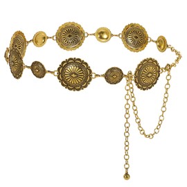 JasGood Women's Concho Waist Chain Belt Fashion Chain Belt Waist Chain Waist Belt Adjustable Metal Belt Gold Women's Western Cowgirl Belt for Dresses, B-Antique Gold(Double Round)