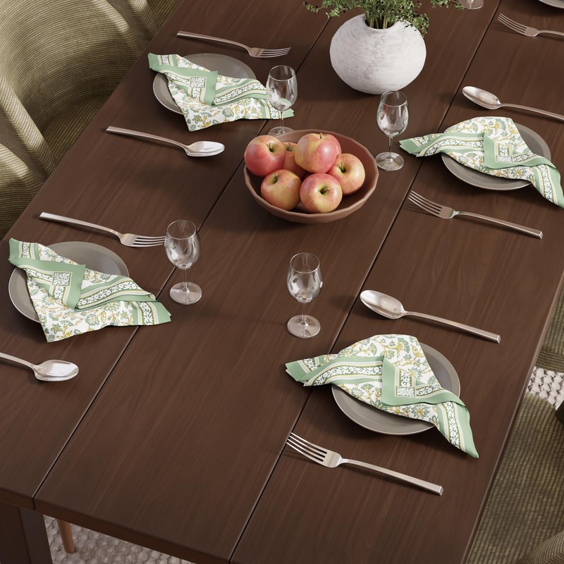 Encasa XO Sanganeri Print Cloth Napkins, Serviettes 45x45 cm Sage