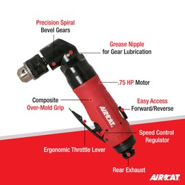 AIRCAT Pneumatic Tools 4337: 3/8-Inch Reversible Angle Drill Air Tool with 1,600 RPM, 75 HP Motor