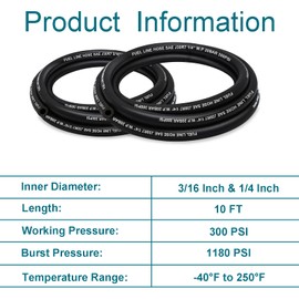 HOUSUN Fuel Line 1/4 5/16 Inch ID, Fuel Hose 10FT 300PSI High-Pressure with 20 Clamps., J30R7 Fuel Line Hose NBR.