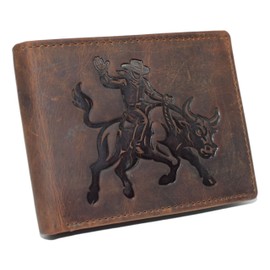 MARSHAL Western Rodeo Bull Rider Design Genuine Leather RFID Blocking Cowboy Bifold Wallet for Men (Brown)