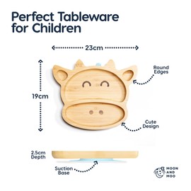 Moon and Moo Cow Bamboo Suction Plate for Kids, Toddlers and Baby Weaning - Non-Toxic – Plastic Free - Stay Put - Baby Suction Plate - Baby Weaning Set