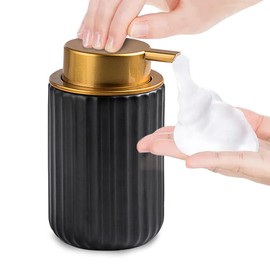 Decorative Foaming Soap Dispenser, Ceramic Lotion Dispenser for Bathroom, Vertical Stripe Design with Golden Pump(Black)