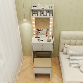 CHARMAID Small Vanity Desk with Mirror and Lights, White Makeup Vanity Table with Storage Bench, Drawers, Shelves, Foldable Side Table, Charging Station, Compact Vanity for Small Bedroom Narrow Space
