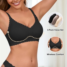 Wireless Seamless Bras for Women with Support - No Wire Push Up Womens Bra - No Underwire Padded Comfort Bralettes Breast Lift for Back Fat - Coverage Comfortable Bralette Wirefree 3 Pack(3P1,M)