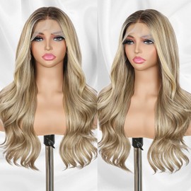 BABEHERS Blonde Lace Front Wig 13x4 Pre Plucked Synthetic Lace Front Wig Highlight Body Wave Lace Frontal Wigs for Women Heat Resistant Hair 22 Inch Ready to Wear Wavy Wigs