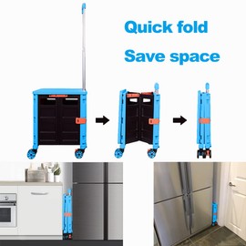 Foldable Utility Cart Folding Portable Rolling Crate Handcart Shopping Trolley Wheel Box with Lid Wear-Resistant Noiseless 360°Rotate Wheel for Travel Shopping Moving Storage Office Use (Sky Blue)