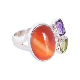 Natural Carnelian, Amethyst, Peridot Gemstone 925 Sterling Silver Bezel Setting Statement Ring FSJ-4141, Sterling Silver, Carnelian, Amethyst, Peridot