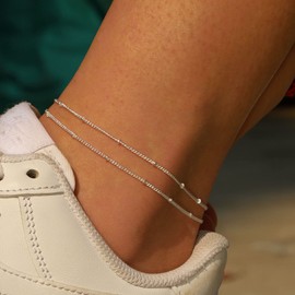 JECOMY Dainty Anklets for Women Silver Anklet Layered Ankle Bracelets Satellite Chain Anklet Set Cute Beaded Tennis CZ Link Chain Anklets Jewelry Gift for Girls