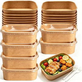 65 Pack 19oz Kraft Paper Snack Bowls with Lid, Disposable Meal Prep Food Containers, Takeout Containers with Forks, Stackable To Go Bowls for Lunch, Party, Camping, Microwave & Freezer Safe