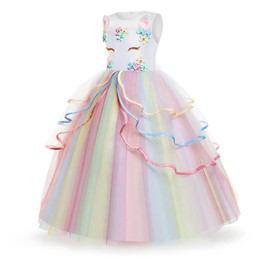 Chektin Unicorn Dress for Girls Unicorn Costume Pageant Princess Party Birthday Long Maxi Gown with Unicorn Headband Satin (Multicolored, 110 3 Years)