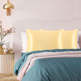 PiccoCasa Satin Pillowcases for Hair and Skin with Eye Mask and Scrunchie Soft Pillowcase 2 Pack Zipper Closure Silky Bed Pillow Covers Set for Sleeping Gold 50 x 75cm