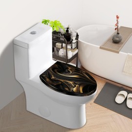 Elongated Toilet Seat Abstract marble fluid art painting alcohol ink style a black gold Resin Toilet Seat Slow Quiet Close with Quick-Release Hinges Toilet Seat with Cover Easy to Clean Install