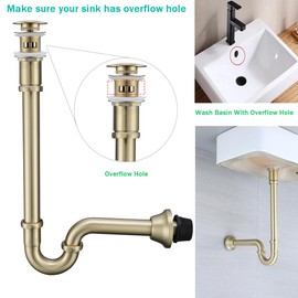 SEABEFORE Brass P Trap with Pop Up Drain Stopper With Overflow,U-Shape 1 1/4 Slip Joint Extension Tub Sink Drain Pipe,12 inch Pipe length Adjustable Height Sink Waste Trap Drain Kit,Brushed Gold