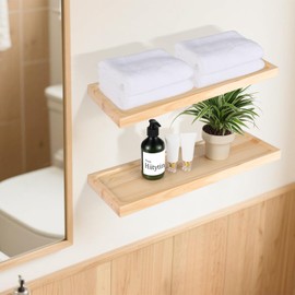 Hiitytin 24 inch Bathroom Floating Shelves for Wall - Natural Solid Wood Over Toilet Shelves Set of 2 Decoration for Living Room Bedroom Kitchen Farmhouse 24x6.7 inch - Natural