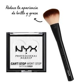 NYX Professional Makeup Combo: Polvo compacto matificante Can't Stop Won't Stop + Brocha para polvo Pro Powder Brush - 2 piezas