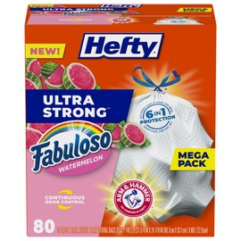 Hefty Ultra Strong 13 Gallon Trash Bags, Tall Kitchen Trash Bags 13 Gallon Size, Resist Leaks, Punctures, and Rips, Continuous Odor Control, White, Fabuloso Watermelon Scent, 80 Bags