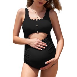 SHEKINI Maternity One Piece Swimsuits Scalloped Cut Out Pregnancy Swimwear Adjustable Scoop Neck Comfort Bathing Suit for Pregnant Women, Black, S
