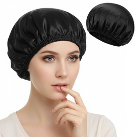 Sibba Shower Cap Elastic Shower Bonnet Caps Bath Hair Wrap Hat Treatment Caps for Women Reusable Waterproof Bathing Cap PEVA Lined for Braids Long Thick Hair Home Spa Travel Accessories (Black)