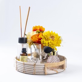 Goraffia Round Rattan Tray with Handles – 11"x11"x2" Handwoven Boho Serving Tray for Coffee Table, Kitchen & Dining – Eco-Friendly Wicker Decor for Indoor/Outdoor Use (White Wash)