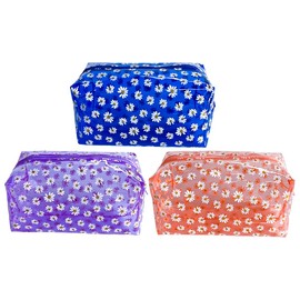 TotePrint 3 PCS Waterproof Portable Daisy Makeup Bag Clear Pouch for Travel,Clear Solid Makeup Bags with Zipper for Purse,Cosmetic Brush Bag,Pen Pouch (pink+blue+purple)