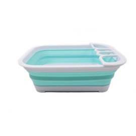SAMMART Collapsible Dish Drainer with Drainer Board - Foldable Drying Rack Set - Portable Dinnerware Organizer - Space Saving Kitchen Storage Tray (1, White/Lake Green)
