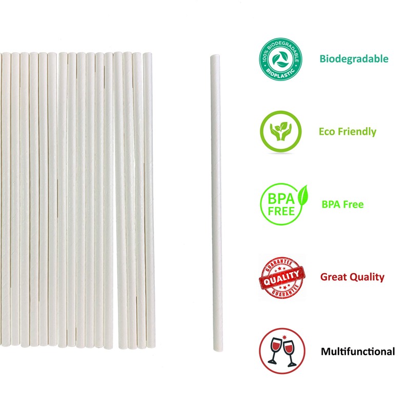 250pc Disposable White Paper Straws 7.75"