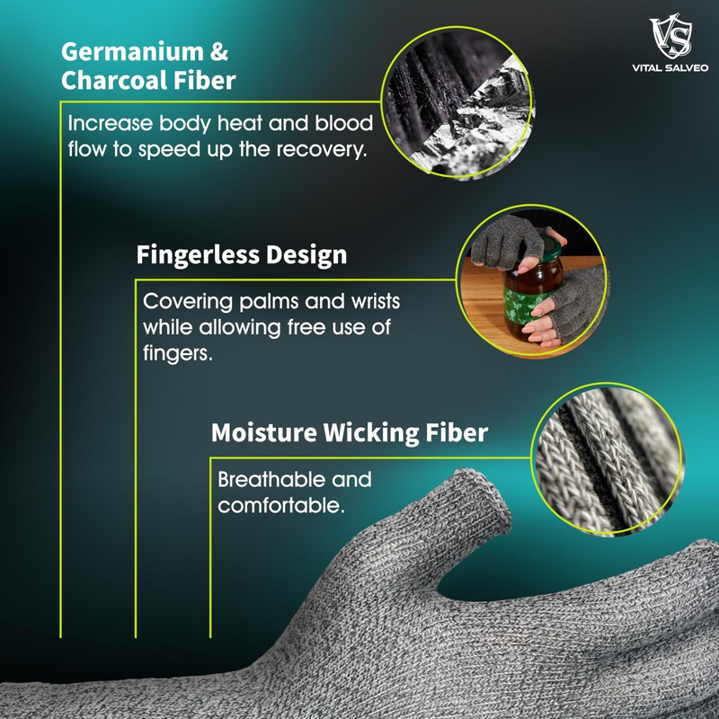 Vital Salveo Germanium & Charcoal Fingerless Recovery Gloves,Half Finger Gloves,Winter