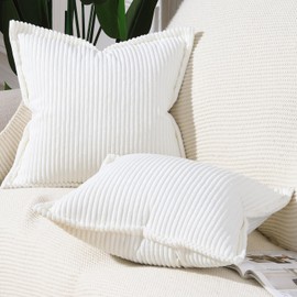 Madizz Cream White Corduroy Cushion Covers with Fringe Edge 24x24 inch, 60x60 cm, Set of 2 Soft Boho Striped Pillow Covers Broadside Decorative Textured Throw Pillows for Sofa Bedroom Pillow Shell