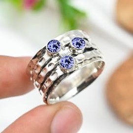 JEWELSTREZORO Tansanit im Labor gezüchtet Edelstein Bandring Sterling Silber ring Männer & Frauen Bandring alle Größen Handarbeit Jewerly TSR1269AV_1 (47 (15.0))