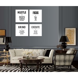 Hustle Execute Grind Focus White Motivational Canvas Wall Art,Abstract Inspirational Office Quotes Paintings Framed Wall Art for Living Room Bedroom Dinning Room Home Decor-12 x12 x4pcs