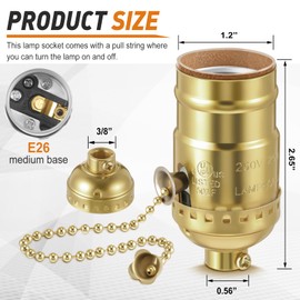 Saysurey 4 Pcs Pull Chain Lamp Socket Replacement, E26 Standard Threaded Base, Light Socket with Pull Chain, Lamp Parts for Repair (Gold)