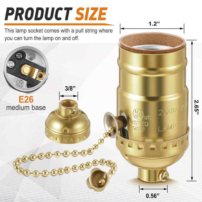 Saysurey 4 Pcs Pull Chain Lamp Socket Replacement, E26 Standard