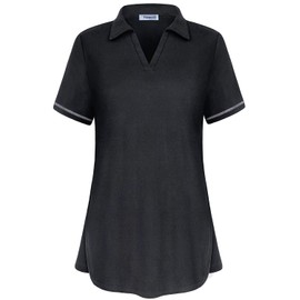 Black Yoga Shirts for Women Golf Tennis Polo T-Shirts Short Sleeve V Neck Loose Fit Plain Workout Tops