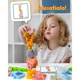 KOSMOX Juguete Montessori de Madera – Juego de Apilamiento de Animales 10 Piezas con Tarjetas Educativas | Bloques para Niños de 2 a 4 Años | Desarrollo de Habilidades y Regalo Ideal