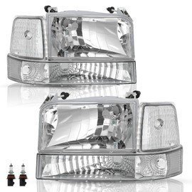 TUSDAR 6PCS Headlight Assembly With Bulbs for 1992-1996 Ford F150 / Bronco 1992-1997 F250 F350 Super Duty Driver and Passenger Side with Bumper Corner Lights Set (Chrome Housing with Clear Reflector)