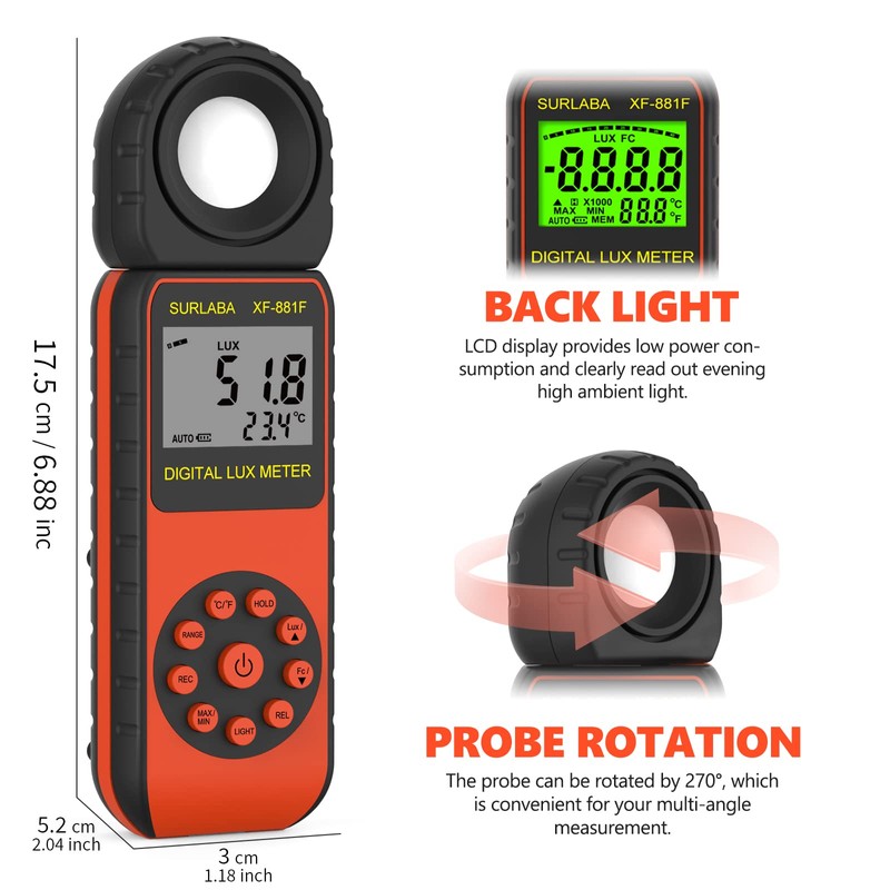 SURLABA Digital Luxmeter Light Meter, XF-881F Exposure Meter, Measuring Range