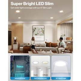 Sunco 8 Inch Ultra Thin LED Recessed Canless Smooth Trim Wafer Thin Indoor Ceiling Lights Slim Selectable 2700K/3000K/3500K/4000K/5000K Dimmable 18W 1350 Lumens with Junction Box 2 Pack