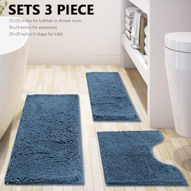 Bathroom Rugs Chenille 3-Piece Extra Soft and Absorbent Shag Bathroom Rugs, Machine Wash Mat, Strong PVC Non-Slip Underside, Plush Carpet Mats (Deep Blue)
