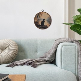 MOTERMATE Vintage Farmhouse Fall Black Cat Wall Art Decor, Fall Landscape Black Cat Canvas Prints Framed, Retro Autumn Round Wall Hanging Artwork Decorations for Home Bedroom Living Room, 10x10