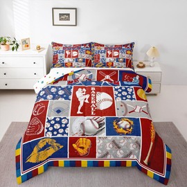 Erosebridal Baseball Glove Comforter Set Vintage Baseball Bat Twin Bedding Sets for Girls, Ball Sports Comforter Patchwork Style Softball Ball Game Quilt