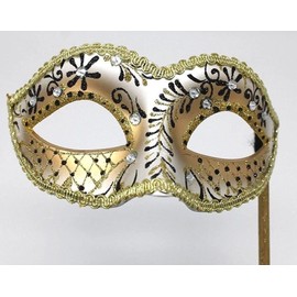 LADIES VENETIAN MASQUERADE PARTY EYE MASK ON A STICK BLACK & GOLD