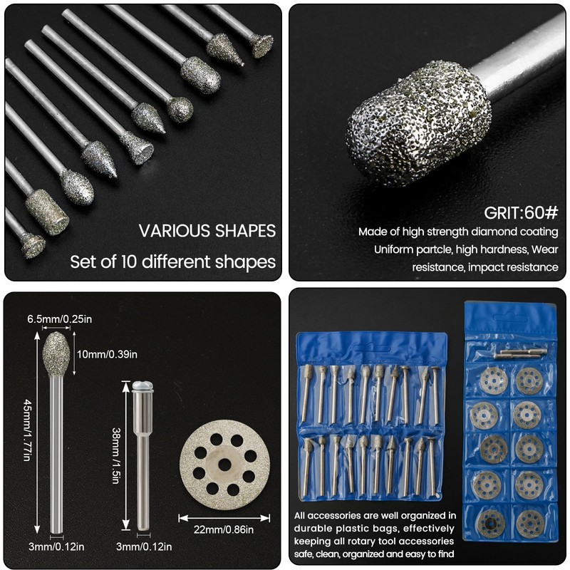 Diamond Grinding Bit Set Stone Carving Set Hakkin 30Pcs Diamond