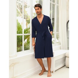 Ekouaer Men's Lightweight Kimono Spa Robe Knit Bathrobe Soft Sleepwear 3/4 Sleeve Loungewear with Pockets S-XXL