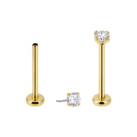 NewkeepsR 2PCS-1.0mm(18g) Titanium Gold Plated Press Fit Threadless Push Pop In Labret Lip Monroe Tragus Smallest Flatback Earring Studs W/2.0mm Round Cubic Zirconia