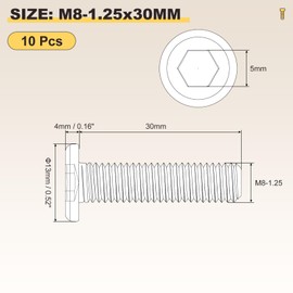 METALLIXITY Flat Head Hex Socket Cap Screws Bolts(M8-1.25x30) 10Pcs, 304 Stainless Steel Hex Socket Furniture Bolts Screws - for Furniture Woodworking Project, Silver Tone