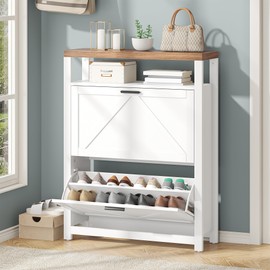 Nosepen White Wood Shoe Storage Cabinet with 2 Flip Drawers & Open Storage Shelf, Farmhouse Shoe Organizer Cabinet with Barn Door, Freestanding Hidden Narrow Slim Thin Shoe Cabinet for Entryway